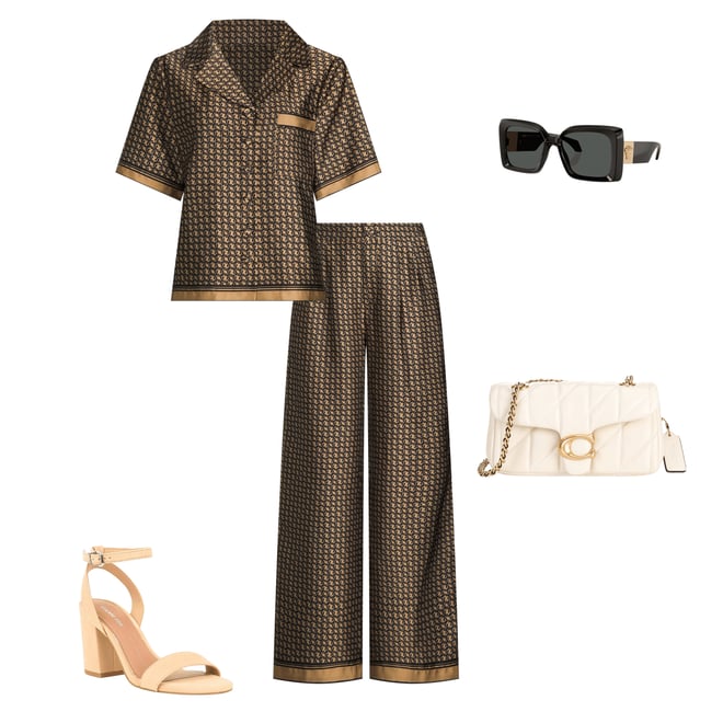Le' AL.X Logo Print Satin High Waisted Pleated Front Wide