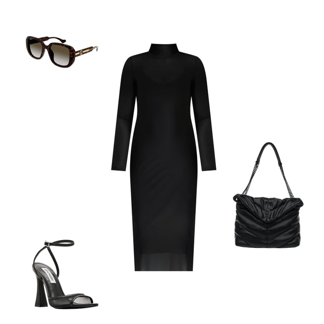 美品！My shawty vivienne sheer sleeve dress VIVIENNE Black Women's Mock Neck Midi Dress – Steve Madden