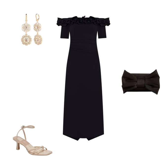 Xscape Ruffled Off-the-Shoulder Short Sleeve Crepe Sheath Gown