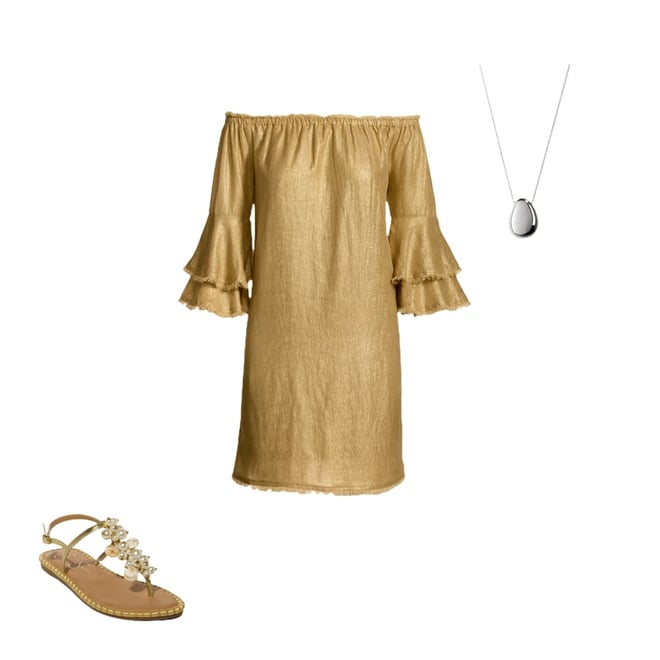 Linen Off The Shoulder Tiered Sleeve Shift Dress Gold
