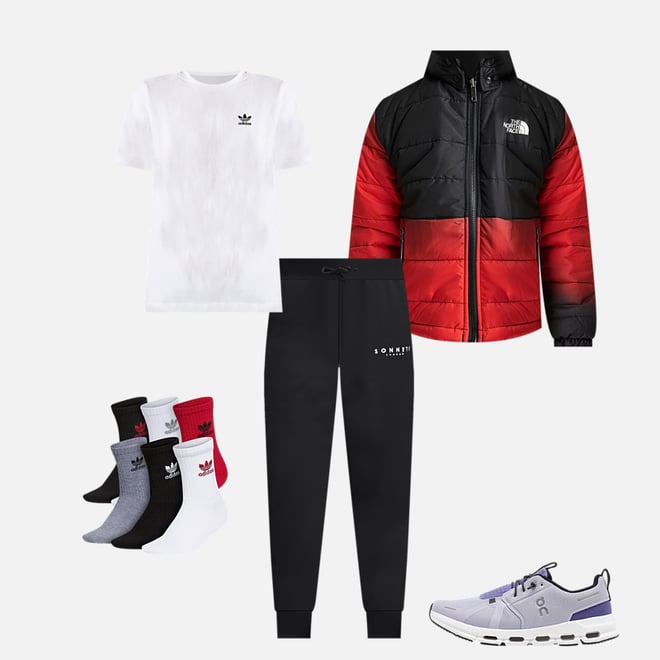 White Sweater, Red Puffer Jacket, Leggings, Black Sneakers, and