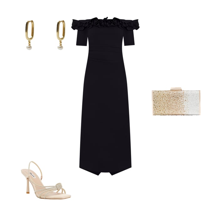 Xscape Ruffled Off-the-Shoulder Short Sleeve Crepe Sheath Gown