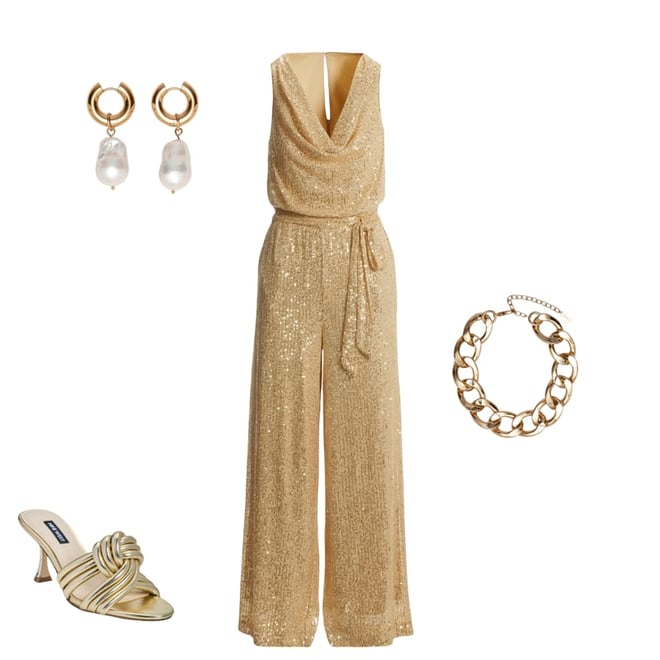 Sequin Cowl Neck Jumpsuit Gold