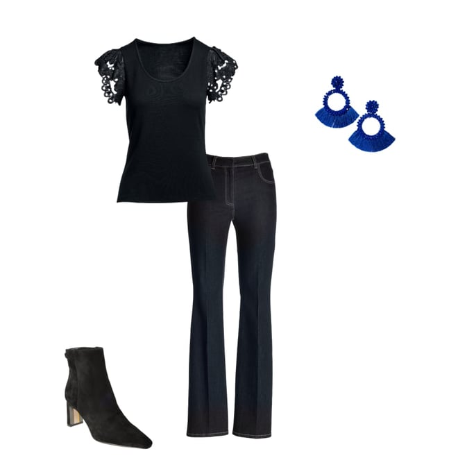 Scallop Lace Sleeve Knit Top Black