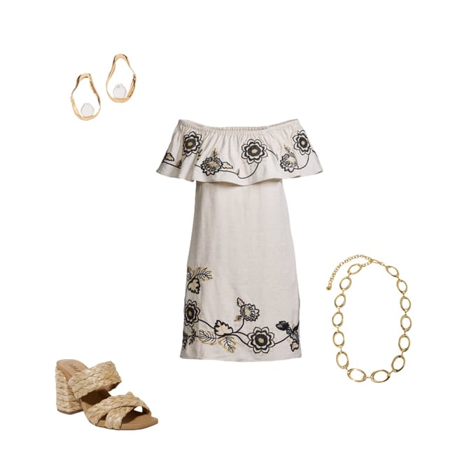 Linen Embroidered Off The Shoulder Shift Dress Flax