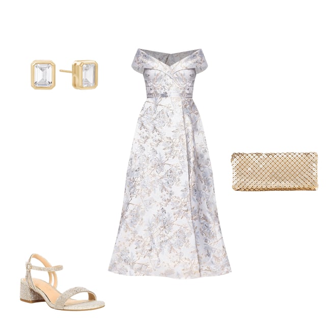 Xscape Brocade Floral Print Sweetheart Neck Short Sleeve A-Line