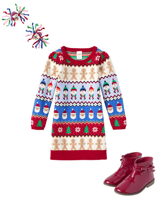 Girls Long Sleeve Christmas Fairisle Print Knit Sweater Dress