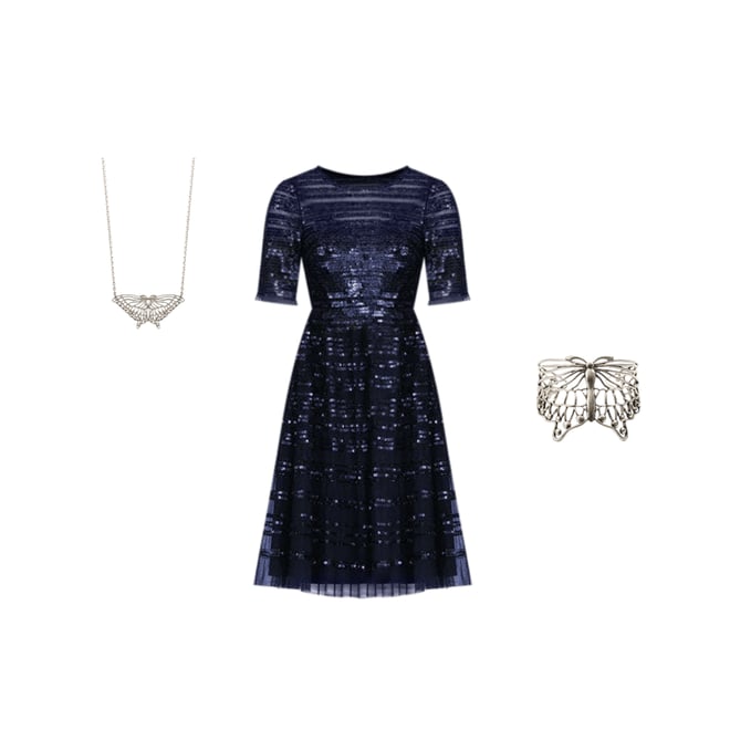 Buy Navy Beaded Mesh Dress