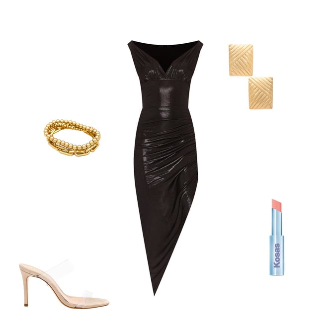 Norma Kamali Tara Side Drape Gown in Black Lame | REVOLVE