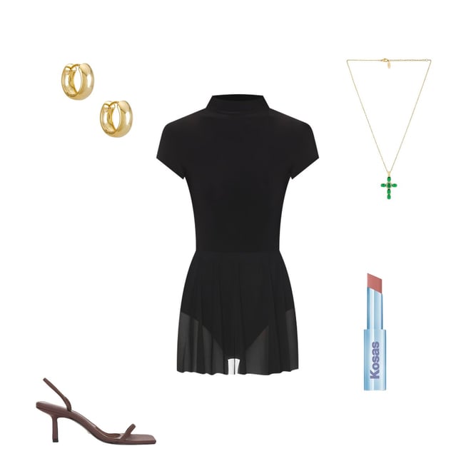 Norma Kamali Mock Neck Cap Sleeve Flared Pickleball Dress in Black