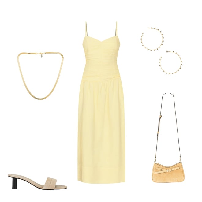 ophelia ruched midi dress minkpink brand:minkpink Limoncello and linguine  Ophelia Ruched Midi Dress & Ophelia Flutter Mini  Dress #MINKPINK
