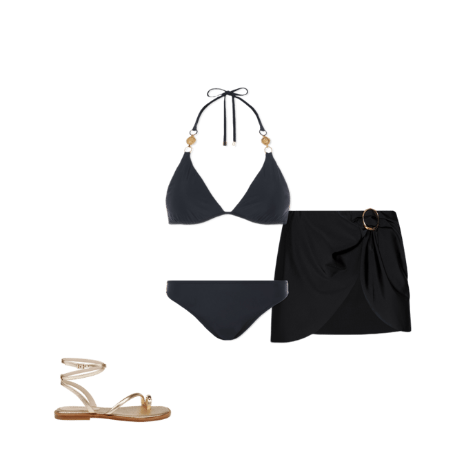 Annabelle Triangle Bikini Top in Black/Gold Coin | L'AGENCE