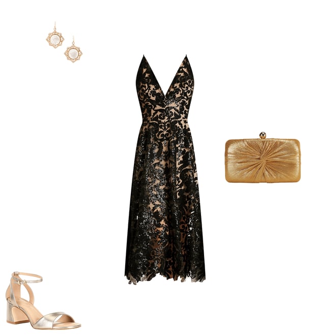 gold dress and black heels SHIMMER IN GOLD MIDI DRESS – AKIRA main image 0