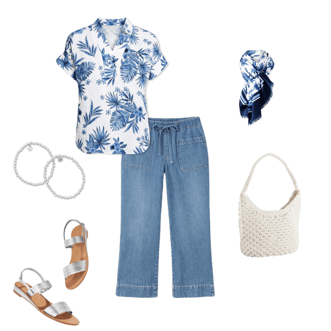 Extended Shoulder Linen Popover - Painted Palms | Talbots