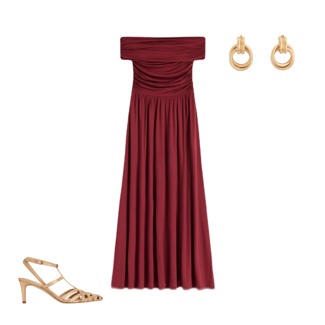 boden off the shoulder ruched dress Ruched Bardot Maxi Dress - Burgundy