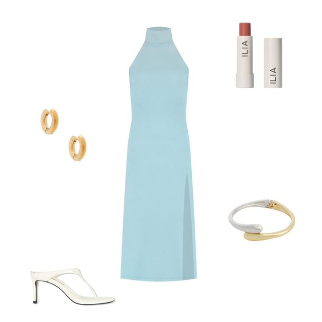 Norma Kamali Halter Turtle Side Slit Gown in Powder Blue | REVOLVE