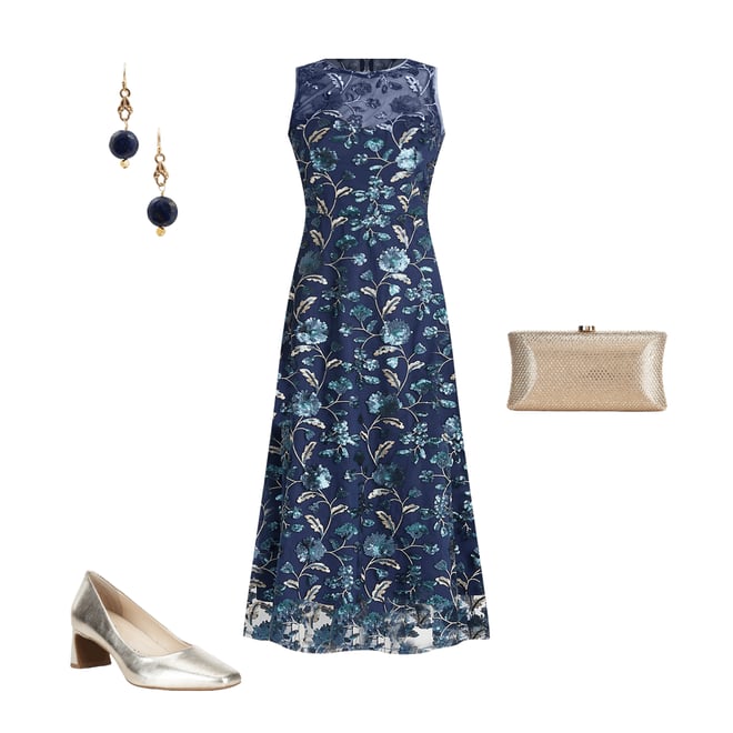 maggy london a line dresses Maggy London Gloria Retro Print Dress In Rose And Navy – Deja Nu Tx main image 1