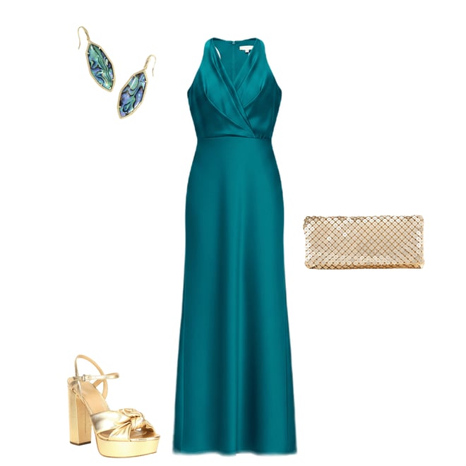 Petite Zoella Satin V-Neck Floor Length Dress | Betsy & Adam Teal / 14P