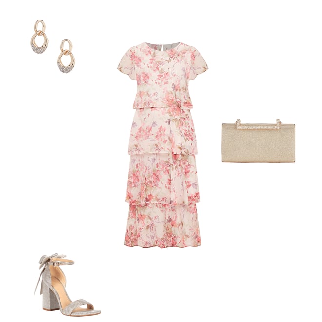 Ignite Evenings Petite Size Boat Neck Short Sleeve Tiered Floral Midi Dress  | Dillard's