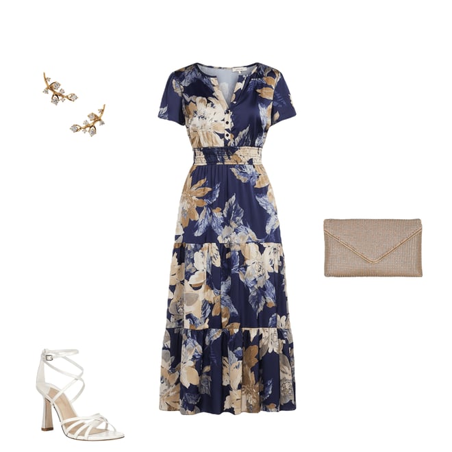 Leslie Fay Split V-Neck Short Sleeve Floral Print Tiered Maxi