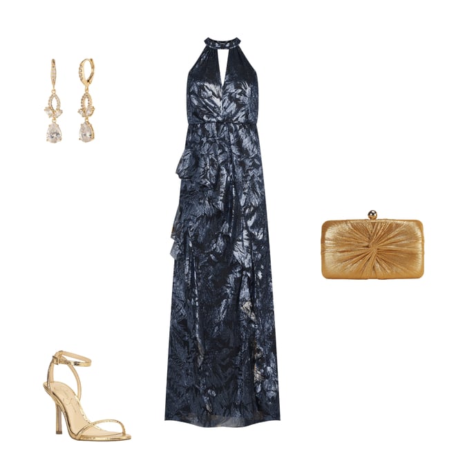 Adrianna Papell Keyhole Halter Neck Sleeveless Floral Print Metallic Crinkle  Ruffle Gown | Dillard's