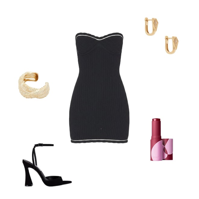 black dress red shoes gold jewelry Elisabetta Franchi - Black mini knit dress with jewel details