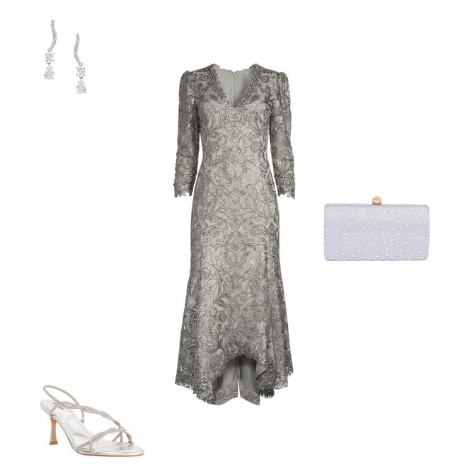 Tadashi Shoji Metallic Sequin Lace V-Neck 3/4 Sleeve Asymmetrical Hem  Handkerchief Gown | Dillard's