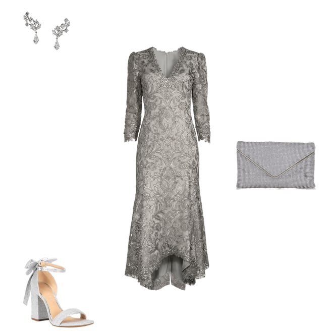 Tadashi Shoji Metallic Sequin Lace V-Neck 3/4 Sleeve Asymmetrical