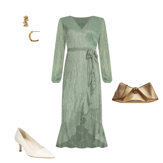 Kensie Metallic Faux Wrap Long Sleeve Crinkle Knit Sheer Overlay Surplice  V-Neck Ruffle Hem Midi Dress | Dillard's