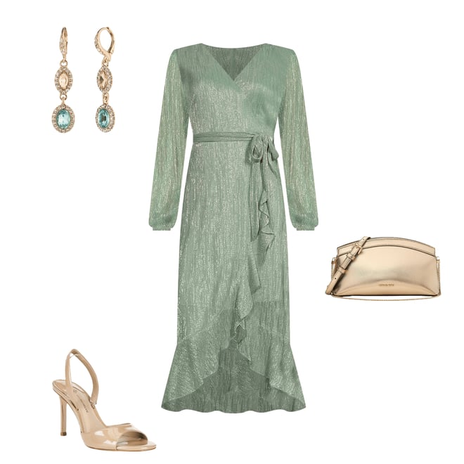 Kensie Metallic Faux Wrap Long Sleeve Crinkle Knit Sheer Overlay Surplice  V-Neck Ruffle Hem Midi Dress | Dillard's