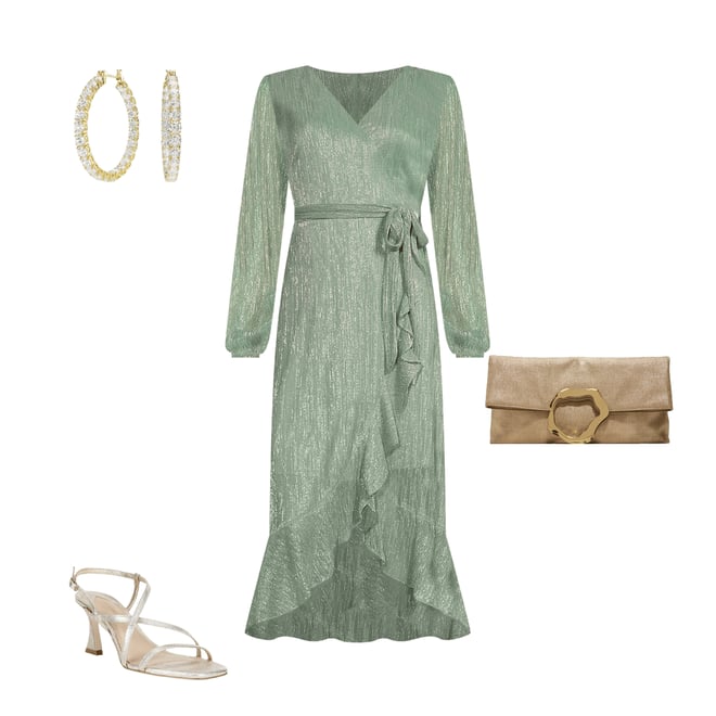 Kensie Metallic Faux Wrap Long Sleeve Crinkle Knit Sheer Overlay Surplice  V-Neck Ruffle Hem Midi Dress | Dillard's
