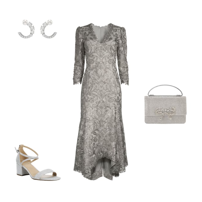 Tadashi Shoji Metallic Sequin Lace V-Neck 3/4 Sleeve Asymmetrical