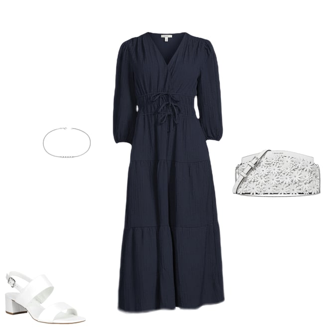 Leslie Fay Knit Jacquard 3/4 Sleeve V-Neck Tiered A-Line Tiered Midi Dress  | Dillard's