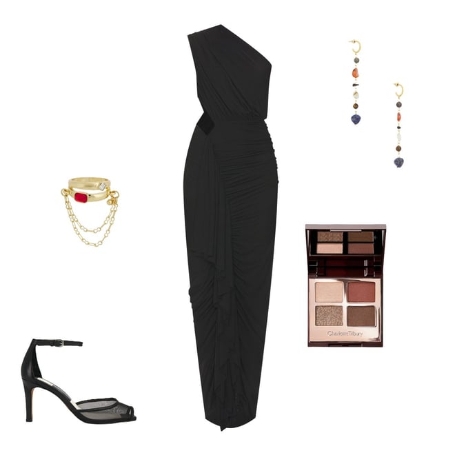 knee length dresses for ladies Juliet Slinky Maxi Dress with Scarf / Black | Meshki main image 1
