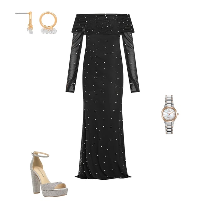 premier amour long sleeve sheath dress Premier Amour Women's Straight Neck Long Sleeve Off the Shoulder Pearl Trim Evening Gown, Stretch Fabric, Formal, 10, Black