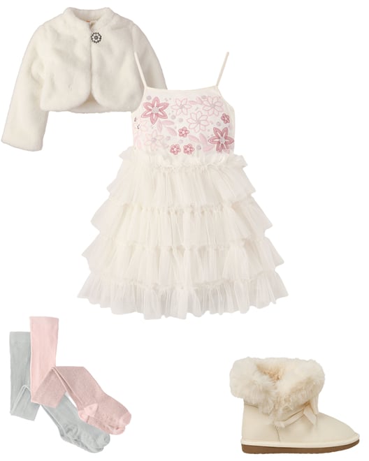 1st bundle featuring 3 items which compliment Girls Embroidered Sequin Ruffle Tiered Dress