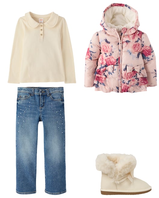 2nd bundle featuring 3 items which compliment Girls Floral Ruffle Microfleece Lined Puffer Jacket