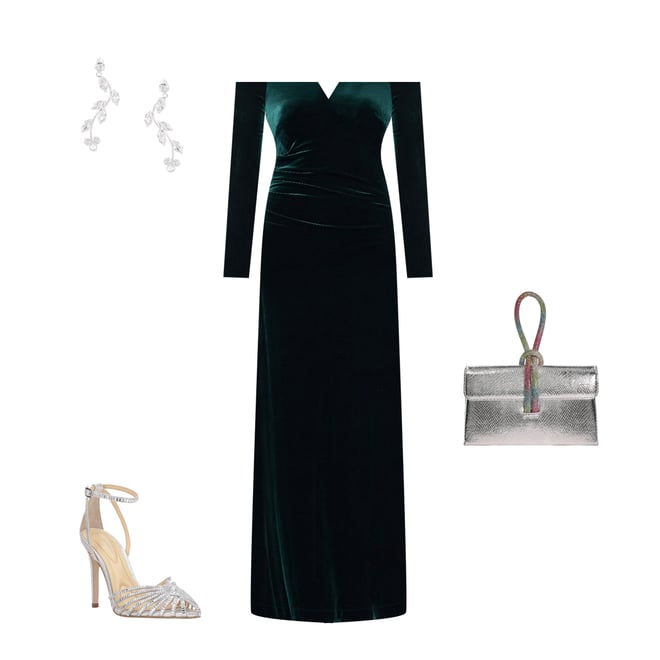 Xscape Velvet Off The Shoulder Split Neck Long Sleeve Pleated