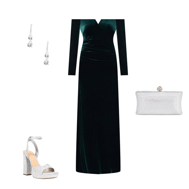 Xscape Velvet Off The Shoulder Split Neck Long Sleeve Pleated