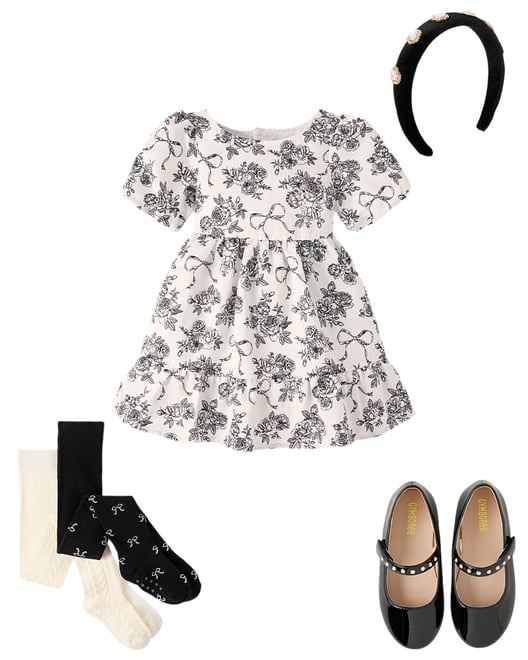 1st bundle featuring 3 items which compliment Girls Floral Heart Cut Out Satin Ruffle Dress