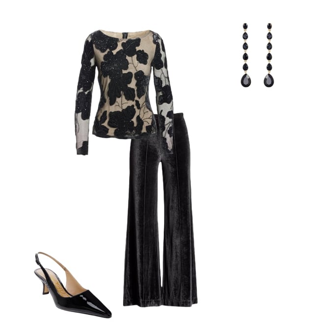 Flower Applique Mesh Long Sleeve Knit Top Proper Black