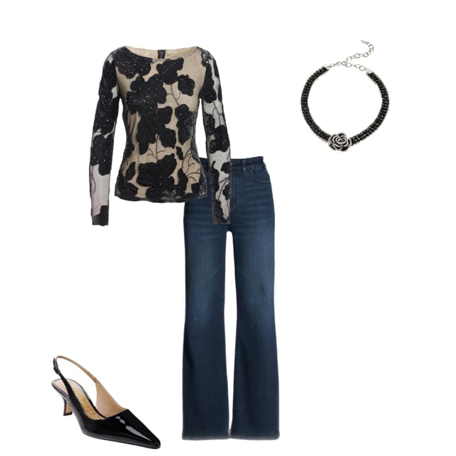 Flower Applique Mesh Long Sleeve Knit Top Proper Black