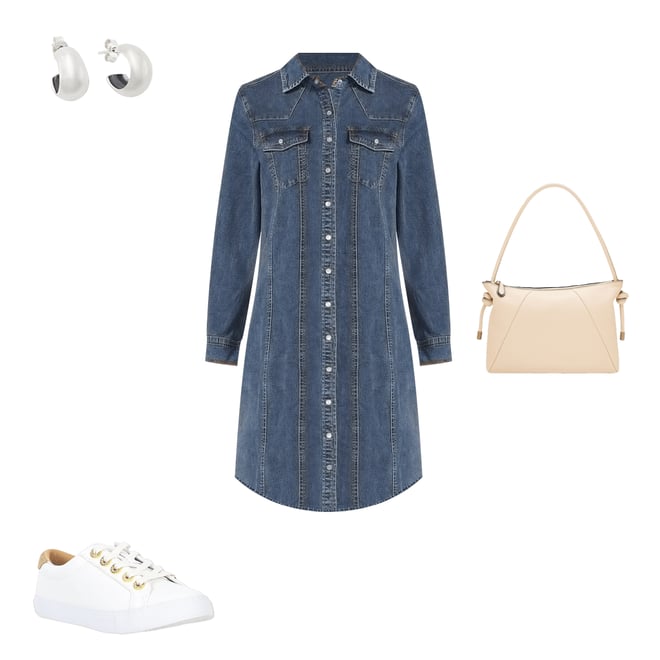 Reba Mesa Stretch Denim Point Collar Long Sleeve Shirt Dress