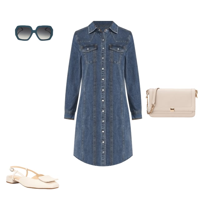 Reba Mesa Stretch Denim Point Collar Long Sleeve Shirt Dress