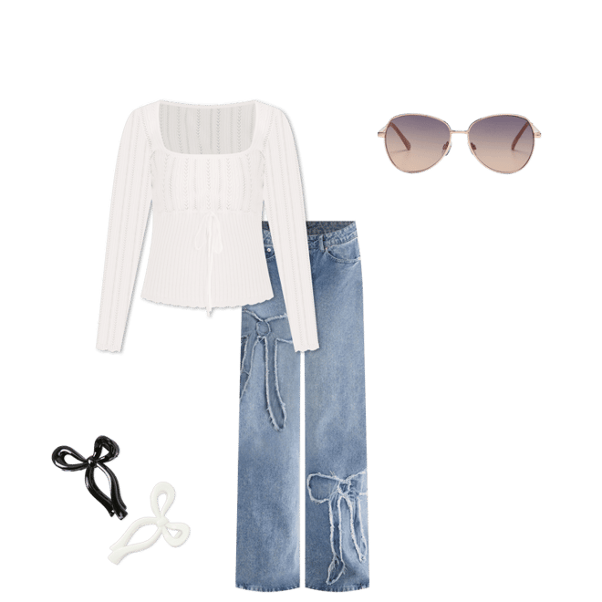 Low-Rise Baggy Wide Leg Frayed Bows Jean