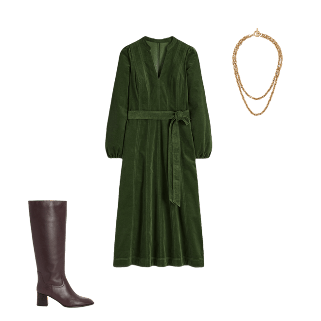 Ros Panelled Cord Midi Dress-Green Fir | Boden USA