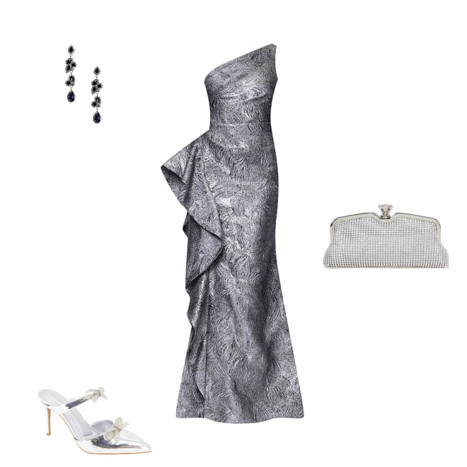 Xscape One Shoulder Metallic Jacquard Gown With Ruffle