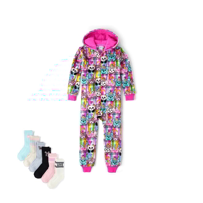 Girls Long Sleeve Animal Milkshake Print Fleece One Piece Pajamas