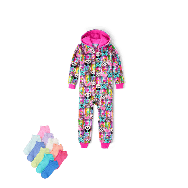 Girls Long Sleeve Animal Milkshake Print Fleece One Piece Pajamas