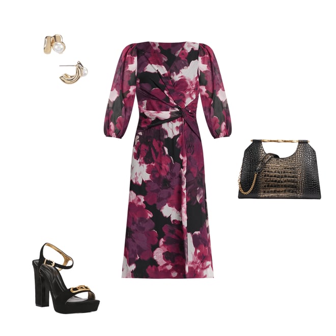 DKNY by Donna Karan Chiffon Floral Print Bubble Sleeve Midi